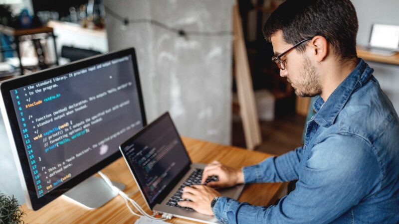 Male programmer working at home in his home office